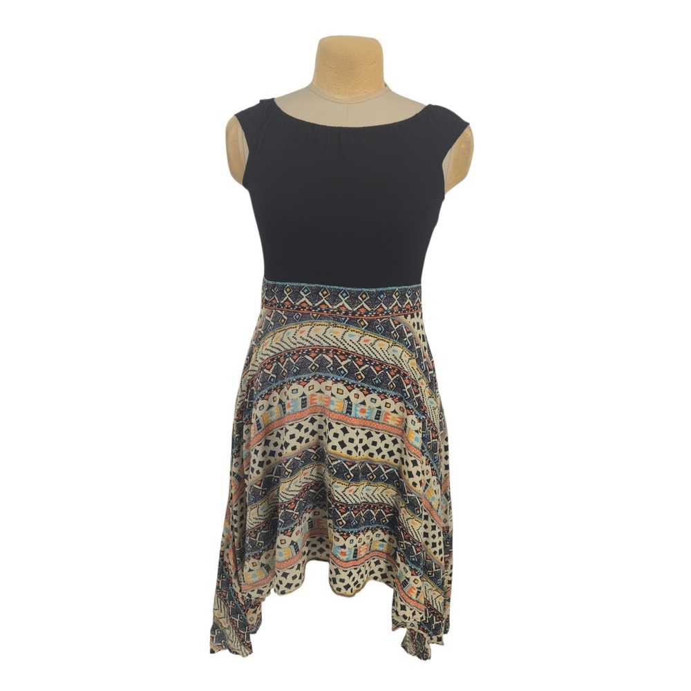 Label Ritu Kumar‎ Dress Women L Black Tribal Print Handkerchief Hem Boho Casual